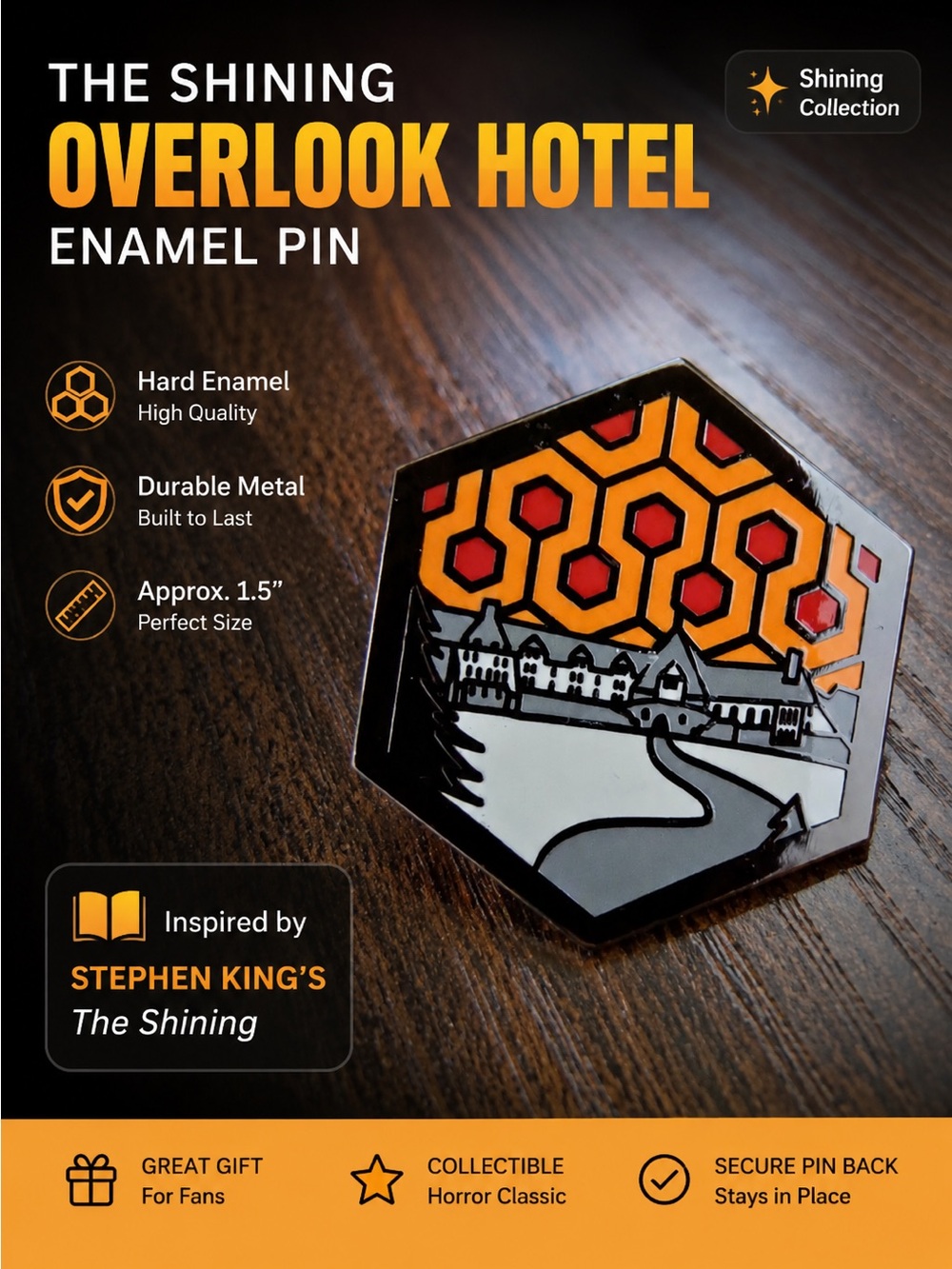 Overlook Hotel Enamel Pin - Orange, Black, Gray